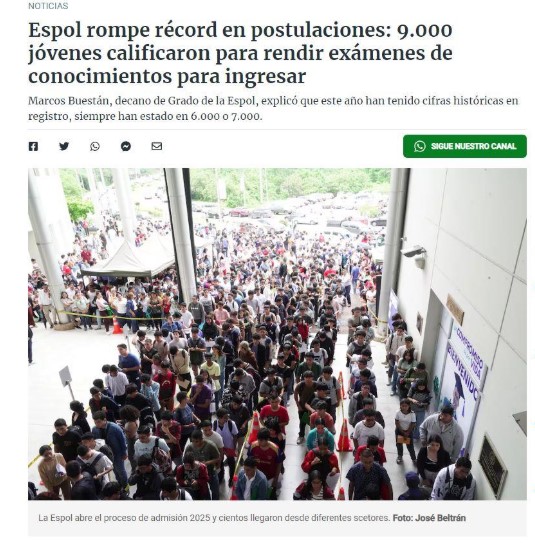 ESPOL ROMPE RÉCORD EN POSTULACIONES: 9.000 JÓVENES CALIFICARON PARA RENDIR EXÁMENES