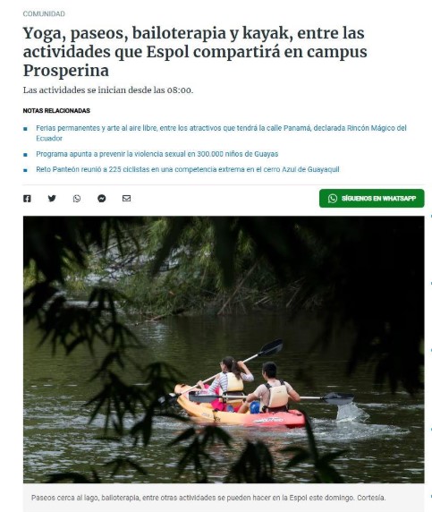 YOGA, PASEOS, BAILOTERAPIA Y KAYAK, ENTRE LAS ACTIVIDADES QUE ESPOL COMPARTIRÁ EN CAMPUS PROSPERINA